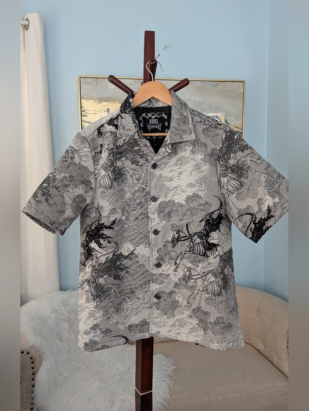 Rebel Vengeance Tapestry Apocalypse Horseman Grey Black Shirt Mans Sz L - Picture 3 of 15